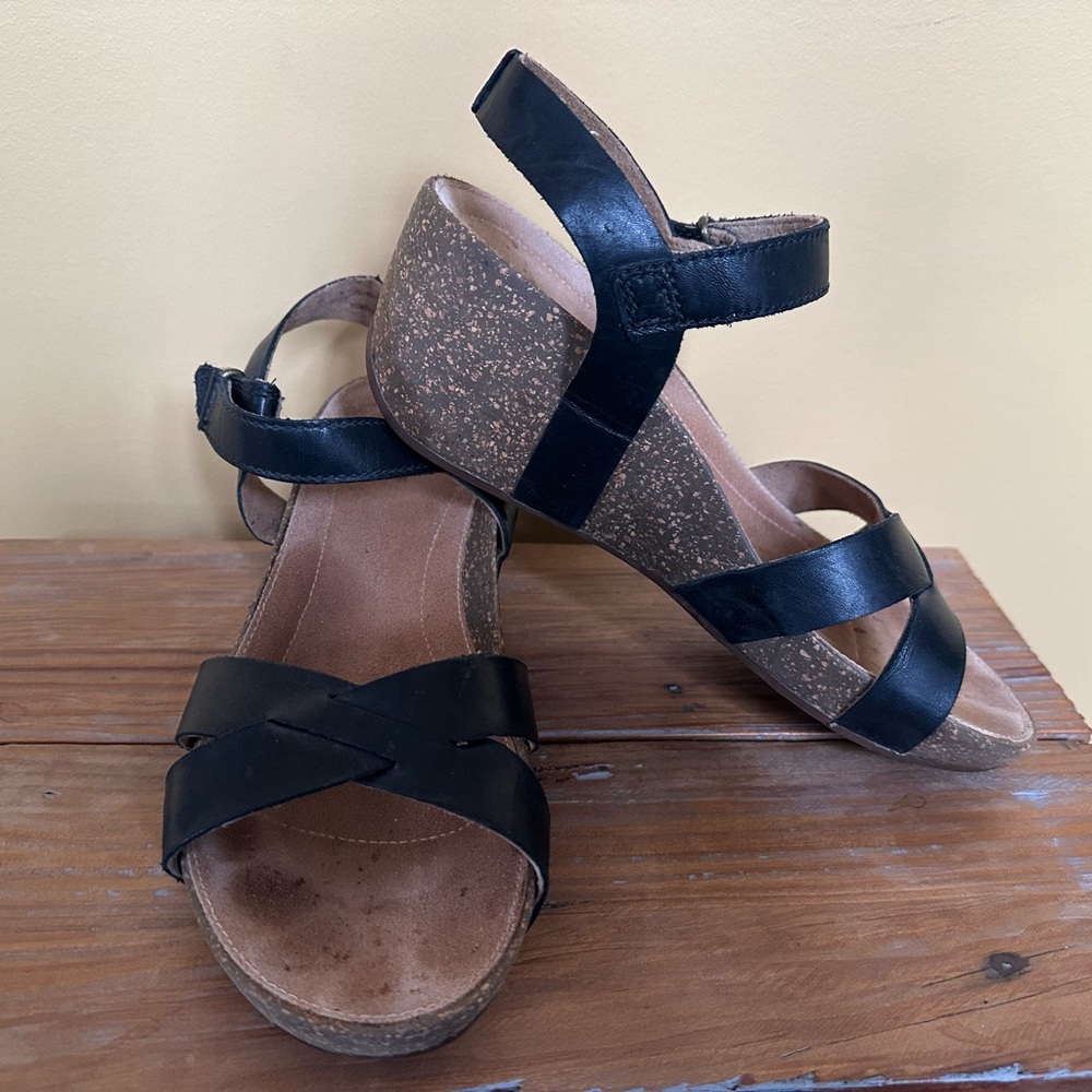Platform Black Leather Wedge Sandals